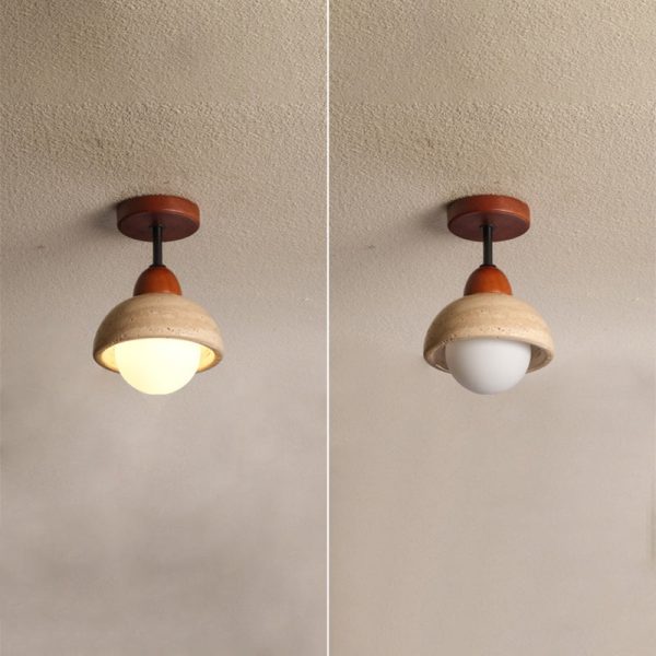 Traditional Japanese Wabi-Sabi Cylinder Yellow Travertine Solid Wood 1-Light Semi-Flush Mount Ceiling Light For Bedroom - Image 10