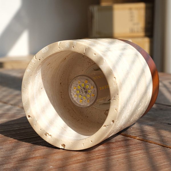 Traditional Japanese Wabi-Sabi Cylinder Yellow Travertine Solid Wood 1-Light Semi-Flush Mount Ceiling Light For Bedroom - Image 9