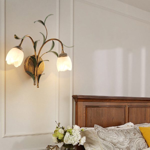 Modern Art Deco Flower Leaf Crystal Glass Iron 1/2 Light Wall Sconce Lamp For Bedroom - Image 2