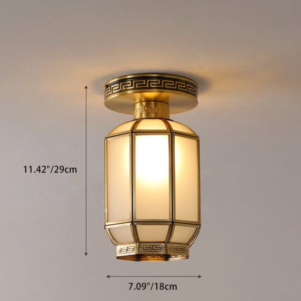 Traditional Chinese Cylinder Round Glass Copper 1-Light Semi-Flush Mount Ceiling Light For Living Room - Image 5