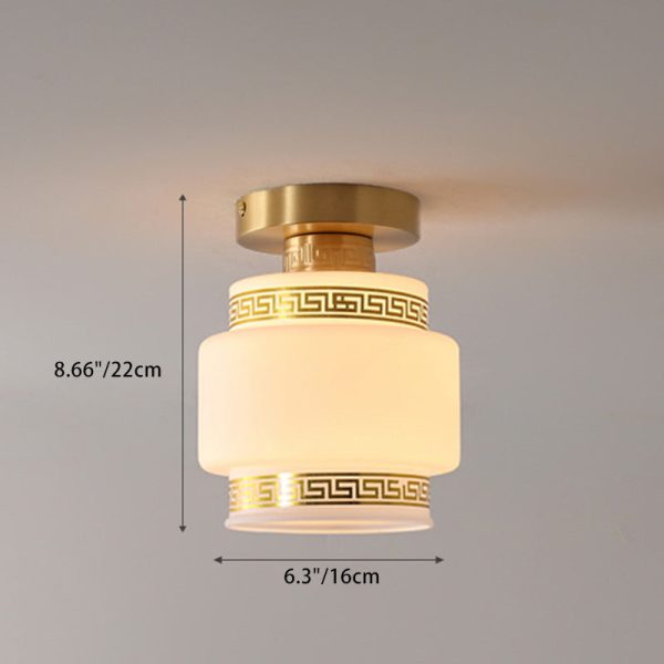 Traditional Chinese Cylinder Round Glass Copper 1-Light Semi-Flush Mount Ceiling Light For Living Room - Image 4
