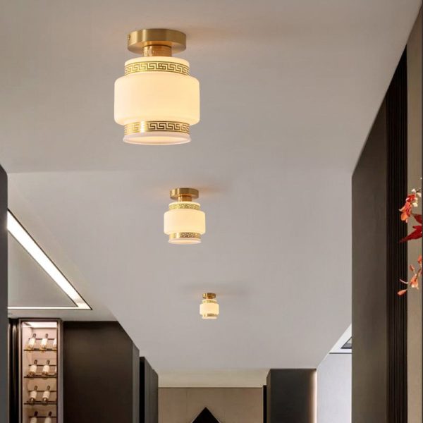 Traditional Chinese Cylinder Round Glass Copper 1-Light Semi-Flush Mount Ceiling Light For Living Room - Image 2