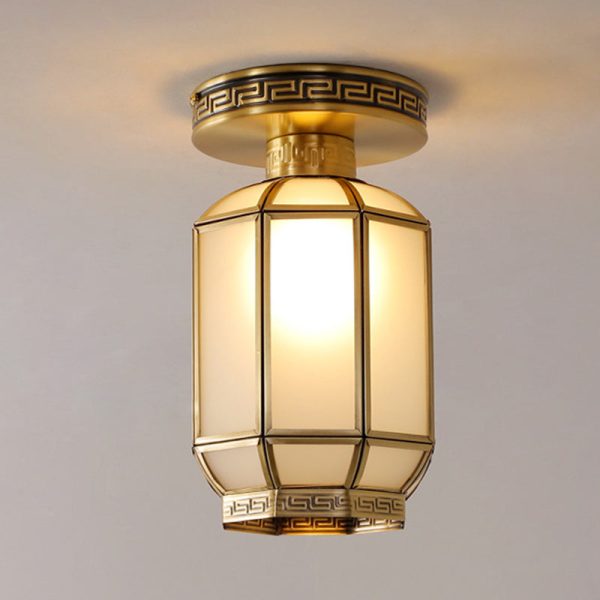 Traditional Chinese Cylinder Round Glass Copper 1-Light Semi-Flush Mount Ceiling Light For Living Room - Image 3