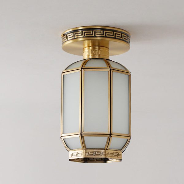 Traditional Chinese Cylinder Round Glass Copper 1-Light Semi-Flush Mount Ceiling Light For Living Room - Image 8