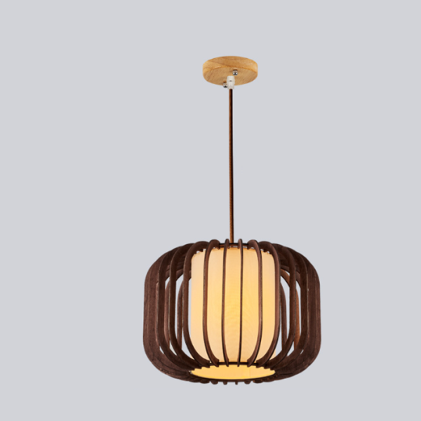 Contemporary Scandinavian Lantern Hollowed Out Round Cylinder Fabric Wood 1-Light Pendant Light For Living Room - Image 9