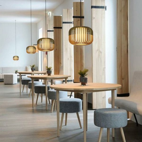 Contemporary Scandinavian Lantern Hollowed Out Round Cylinder Fabric Wood 1-Light Pendant Light For Living Room - Image 2