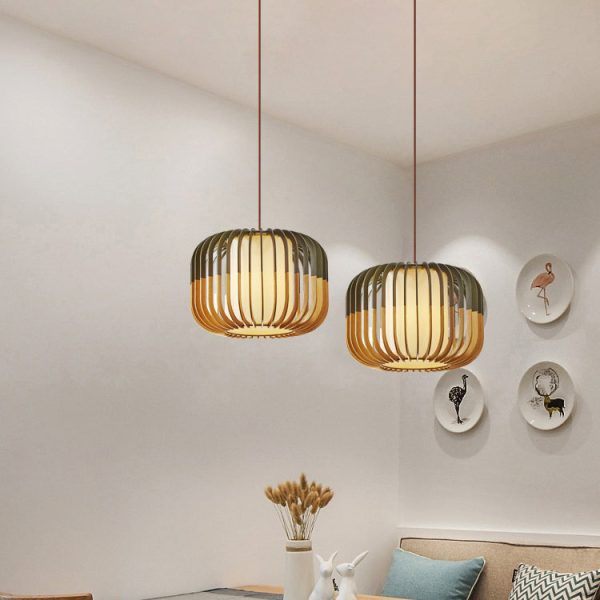 Contemporary Scandinavian Lantern Hollowed Out Round Cylinder Fabric Wood 1-Light Pendant Light For Living Room - Image 17