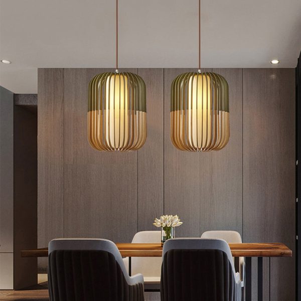 Contemporary Scandinavian Lantern Hollowed Out Round Cylinder Fabric Wood 1-Light Pendant Light For Living Room - Image 3