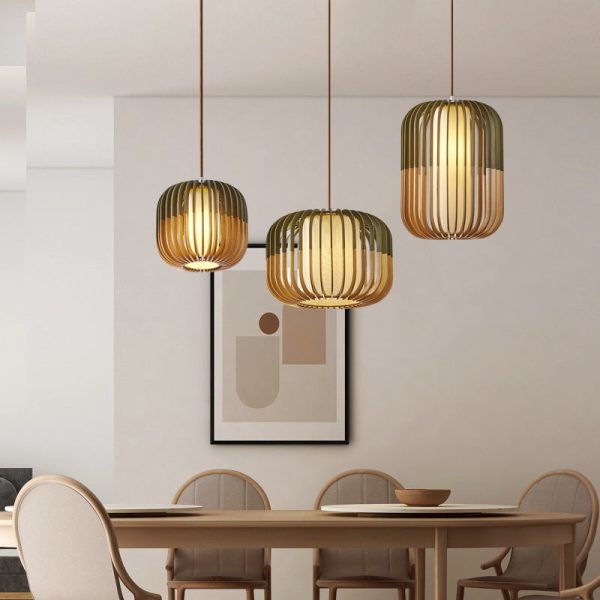 Contemporary Scandinavian Lantern Hollowed Out Round Cylinder Fabric Wood 1-Light Pendant Light For Living Room - Image 18