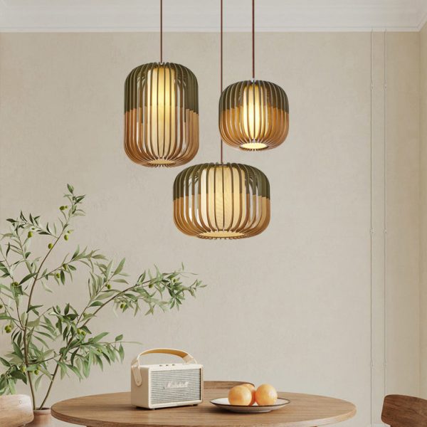 Contemporary Scandinavian Lantern Hollowed Out Round Cylinder Fabric Wood 1-Light Pendant Light For Living Room - Image 19