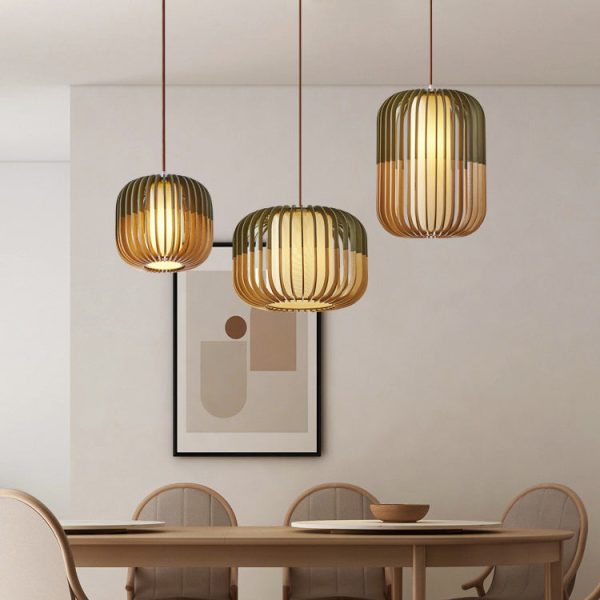 Contemporary Scandinavian Lantern Hollowed Out Round Cylinder Fabric Wood 1-Light Pendant Light For Living Room - Image 20