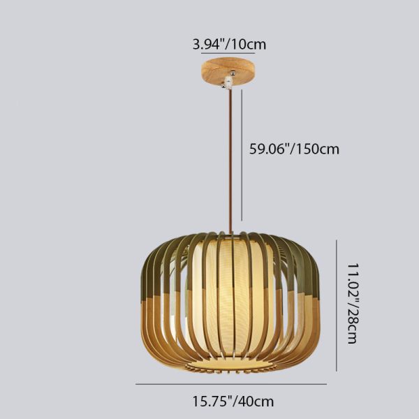 Contemporary Scandinavian Lantern Hollowed Out Round Cylinder Fabric Wood 1-Light Pendant Light For Living Room - Image 6