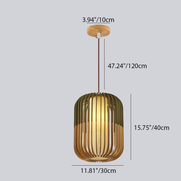 Contemporary Scandinavian Lantern Hollowed Out Round Cylinder Fabric Wood 1-Light Pendant Light For Living Room - Image 5