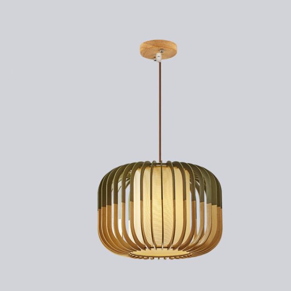 Contemporary Scandinavian Lantern Hollowed Out Round Cylinder Fabric Wood 1-Light Pendant Light For Living Room - Image 14