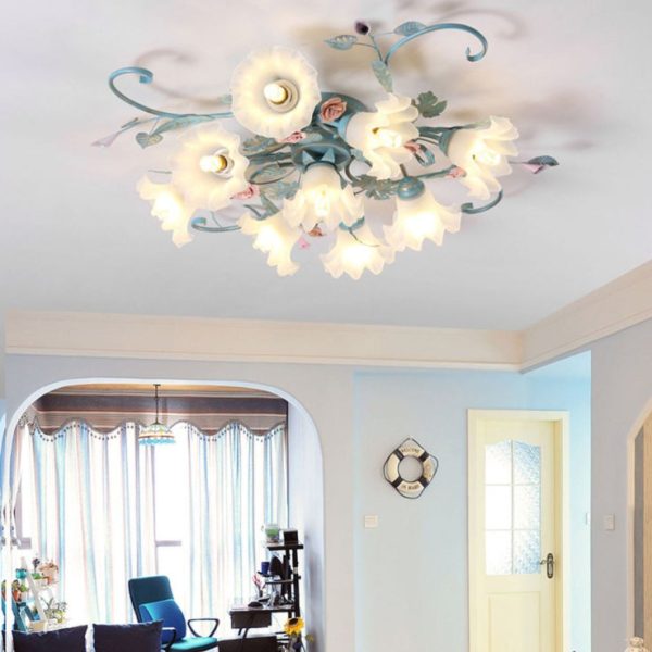 Traditional Rustic Floral Rose Leaf Glass Iron 4/5/6/9 Light Semi-Flush Mount Ceiling Light For Living Room - Image 12