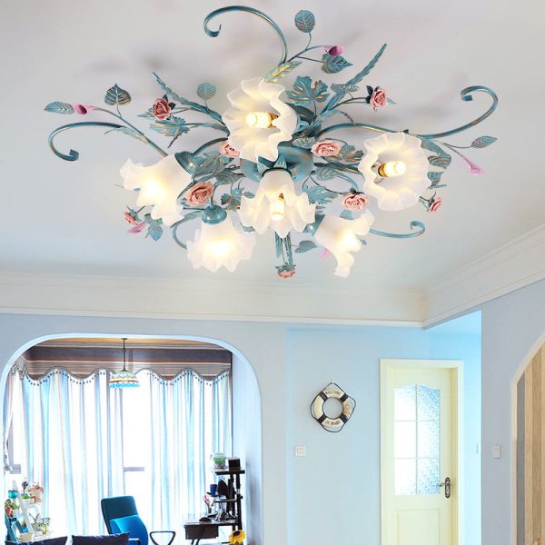 Traditional Rustic Floral Rose Leaf Glass Iron 4/5/6/9 Light Semi-Flush Mount Ceiling Light For Living Room - Image 13