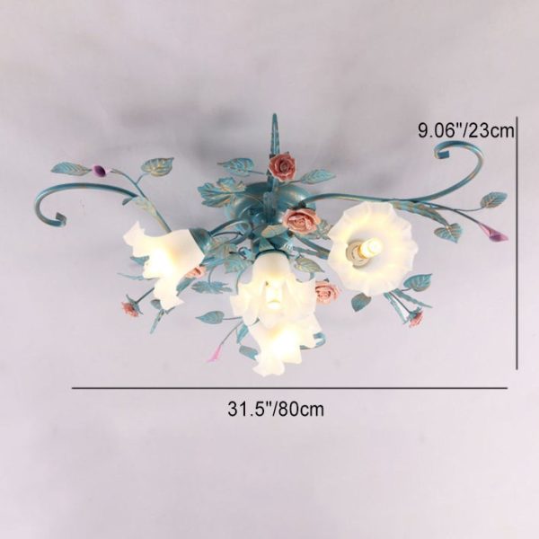 Traditional Rustic Floral Rose Leaf Glass Iron 4/5/6/9 Light Semi-Flush Mount Ceiling Light For Living Room - Image 7