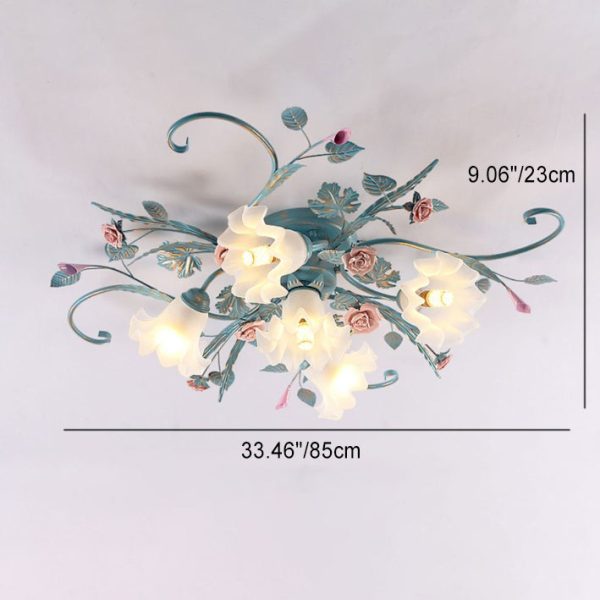 Traditional Rustic Floral Rose Leaf Glass Iron 4/5/6/9 Light Semi-Flush Mount Ceiling Light For Living Room - Image 8