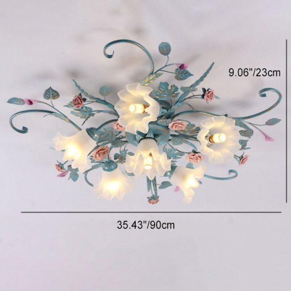 Traditional Rustic Floral Rose Leaf Glass Iron 4/5/6/9 Light Semi-Flush Mount Ceiling Light For Living Room - Image 9