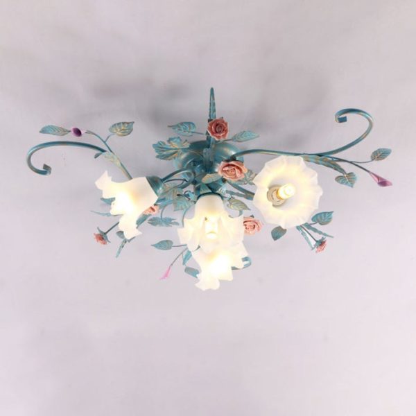 Traditional Rustic Floral Rose Leaf Glass Iron 4/5/6/9 Light Semi-Flush Mount Ceiling Light For Living Room - Image 16