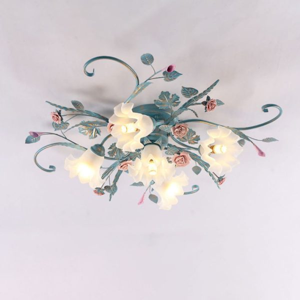 Traditional Rustic Floral Rose Leaf Glass Iron 4/5/6/9 Light Semi-Flush Mount Ceiling Light For Living Room - Image 18