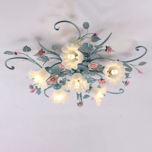 Traditional Rustic Floral Rose Leaf Glass Iron 4/5/6/9 Light Semi-Flush Mount Ceiling Light For Living Room - Image 20