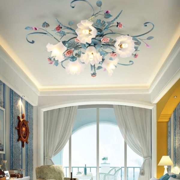 Traditional Rustic Floral Rose Leaf Glass Iron 4/5/6/9 Light Semi-Flush Mount Ceiling Light For Living Room - Image 14