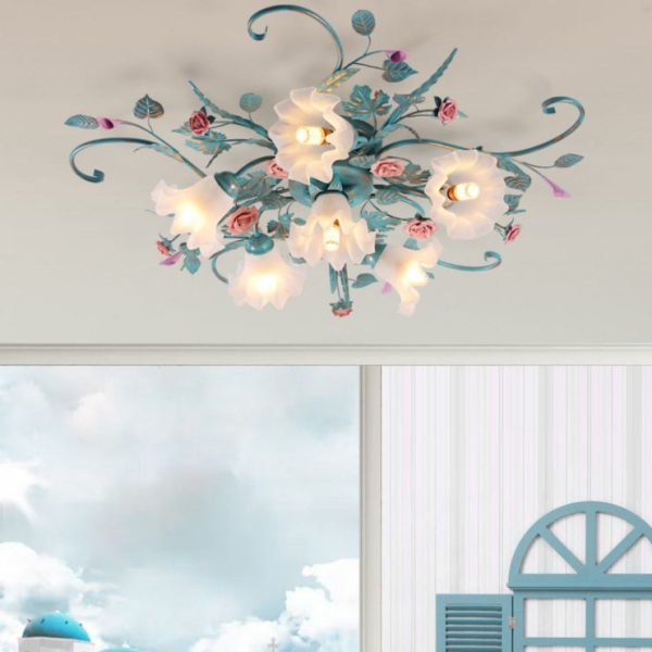 Traditional Rustic Floral Rose Leaf Glass Iron 4/5/6/9 Light Semi-Flush Mount Ceiling Light For Living Room - Image 10