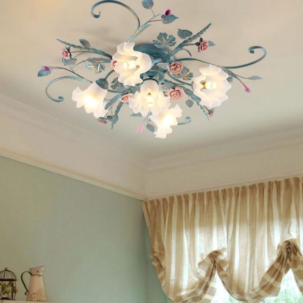 Traditional Rustic Floral Rose Leaf Glass Iron 4/5/6/9 Light Semi-Flush Mount Ceiling Light For Living Room - Image 15