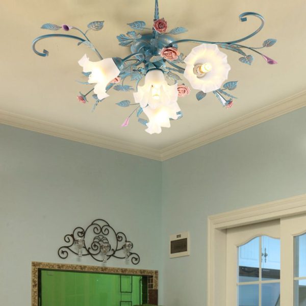 Traditional Rustic Floral Rose Leaf Glass Iron 4/5/6/9 Light Semi-Flush Mount Ceiling Light For Living Room - Image 2