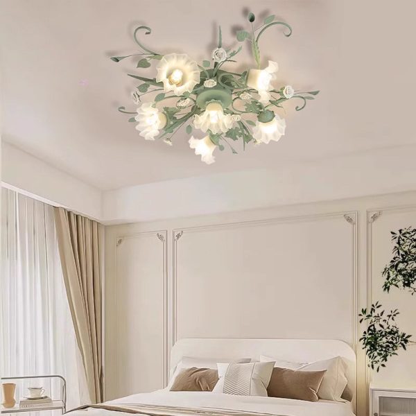 Traditional Rustic Floral Rose Leaf Glass Iron 4/5/6/9 Light Semi-Flush Mount Ceiling Light For Living Room - Image 3