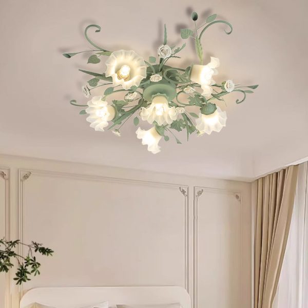 Traditional Rustic Floral Rose Leaf Glass Iron 4/5/6/9 Light Semi-Flush Mount Ceiling Light For Living Room - Image 11