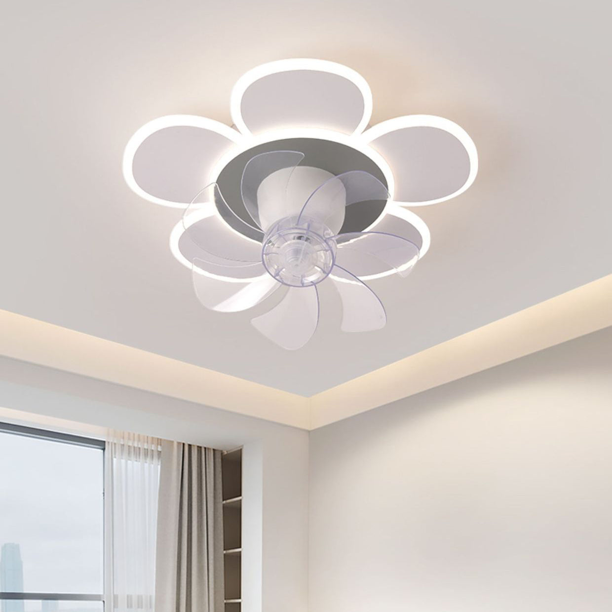 BS-Lighting-LW01590-1.jpg Modern Minimalist Flower Shape Round ABS Acrylic Iron LED Flush Mount Ceiling Fan Light For Bedroom - Image 1