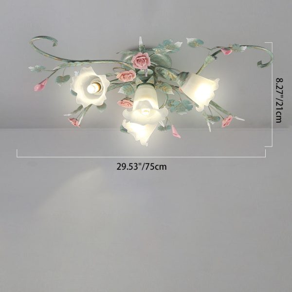 Traditional Rustic Rose Bent Leaf Branch Glass Iron Ceramic 4/5 Light Semi-Flush Mount Ceiling Light For Living Room - Image 4