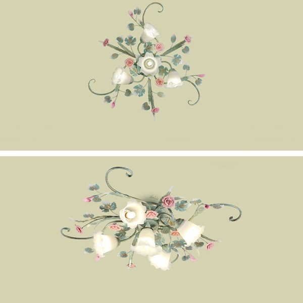 Traditional Rustic Rose Bent Leaf Branch Glass Iron Ceramic 4/5 Light Semi-Flush Mount Ceiling Light For Living Room - Image 15