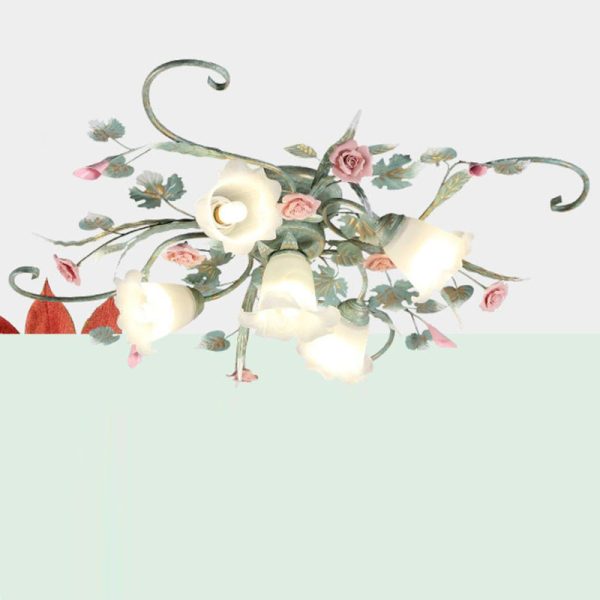Traditional Rustic Rose Bent Leaf Branch Glass Iron Ceramic 4/5 Light Semi-Flush Mount Ceiling Light For Living Room - Image 14