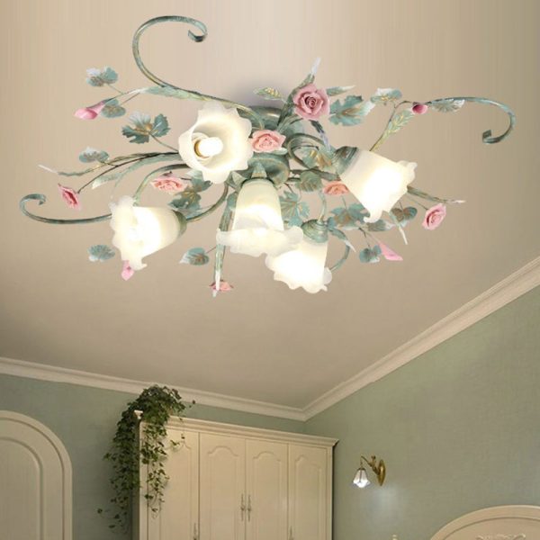 Traditional Rustic Rose Bent Leaf Branch Glass Iron Ceramic 4/5 Light Semi-Flush Mount Ceiling Light For Living Room
