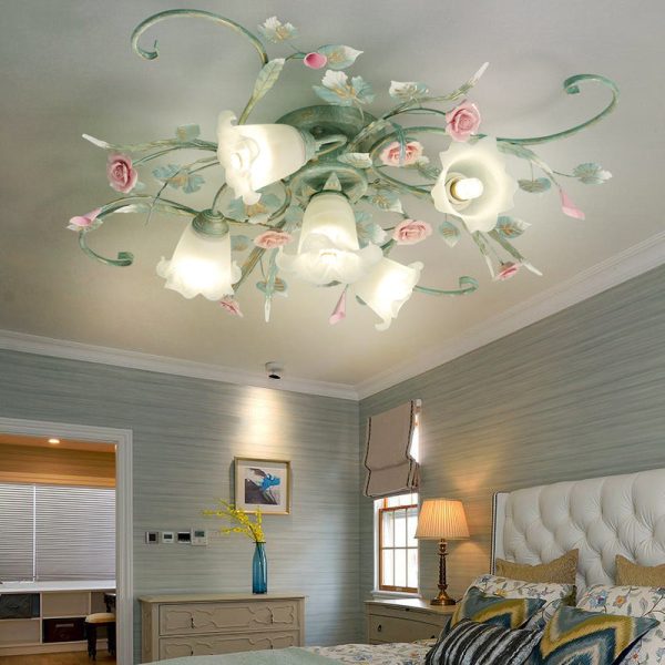 Traditional Rustic Rose Bent Leaf Branch Glass Iron Ceramic 4/5 Light Semi-Flush Mount Ceiling Light For Living Room - Image 2