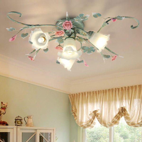 Traditional Rustic Rose Bent Leaf Branch Glass Iron Ceramic 4/5 Light Semi-Flush Mount Ceiling Light For Living Room - Image 3