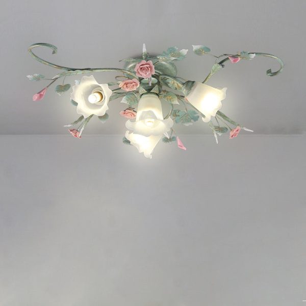 Traditional Rustic Rose Bent Leaf Branch Glass Iron Ceramic 4/5 Light Semi-Flush Mount Ceiling Light For Living Room - Image 10