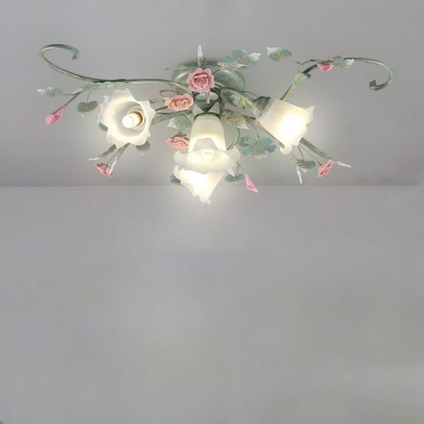 Traditional Rustic Rose Bent Leaf Branch Glass Iron Ceramic 4/5 Light Semi-Flush Mount Ceiling Light For Living Room - Image 11