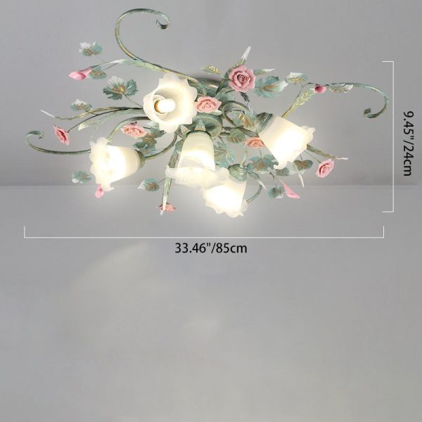 Traditional Rustic Rose Bent Leaf Branch Glass Iron Ceramic 4/5 Light Semi-Flush Mount Ceiling Light For Living Room - Image 5