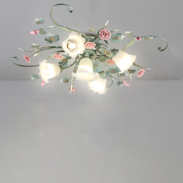 Traditional Rustic Rose Bent Leaf Branch Glass Iron Ceramic 4/5 Light Semi-Flush Mount Ceiling Light For Living Room - Image 12