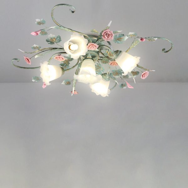 Traditional Rustic Rose Bent Leaf Branch Glass Iron Ceramic 4/5 Light Semi-Flush Mount Ceiling Light For Living Room - Image 13