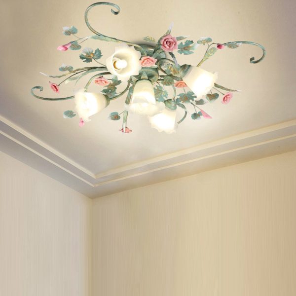 Traditional Rustic Rose Bent Leaf Branch Glass Iron Ceramic 4/5 Light Semi-Flush Mount Ceiling Light For Living Room - Image 8