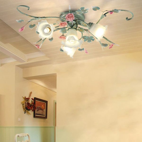 Traditional Rustic Rose Bent Leaf Branch Glass Iron Ceramic 4/5 Light Semi-Flush Mount Ceiling Light For Living Room - Image 9