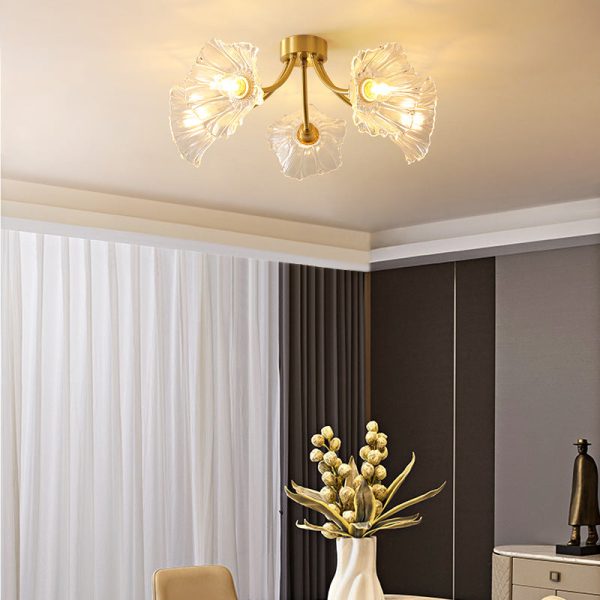 Traditional Vintage Round Branch Floral Glass Brass 3/5/8 Light Semi-Flush Mount Ceiling Light For Living Room - Image 9