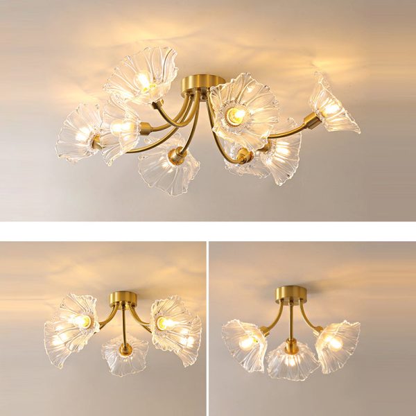 Traditional Vintage Round Branch Floral Glass Brass 3/5/8 Light Semi-Flush Mount Ceiling Light For Living Room - Image 14
