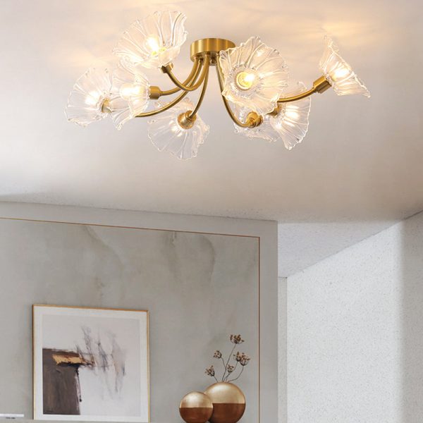 Traditional Vintage Round Branch Floral Glass Brass 3/5/8 Light Semi-Flush Mount Ceiling Light For Living Room - Image 10