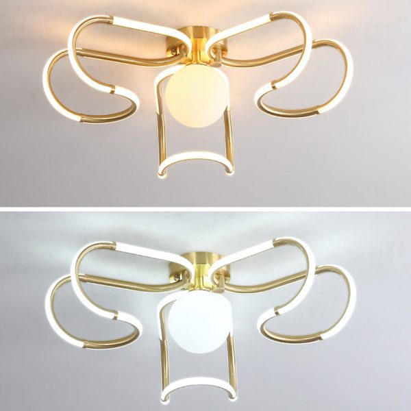 Contemporary Scandinavian Curved Line Round Acrylic Copper LED Semi-Flush Mount Ceiling Light For Living Room - Image 7